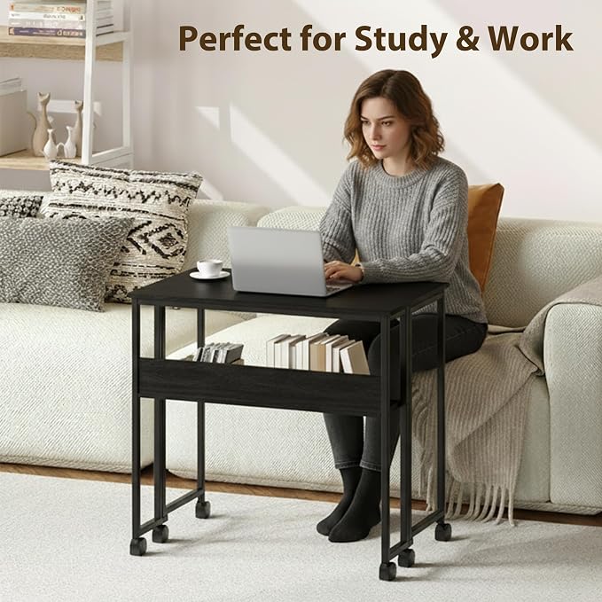 Folding Desk Small Rolling Desk with Storage Shelf,31.5 Inch Foldable Computer Table with Wheels,Portable Office Desk for Small Space Sofa Table,Easy to Fold,Writing Work Office Computer Desk,Black