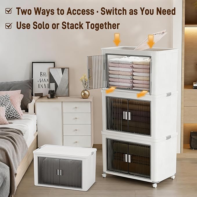 Folding Storage Bins with Lids, 3-Pack Top & Front Opening Stackable Organizer, Total 210qt, for Bedroom Living Room Kitchen Office Bathroom, White, 22"x13.6"x13.8" Each