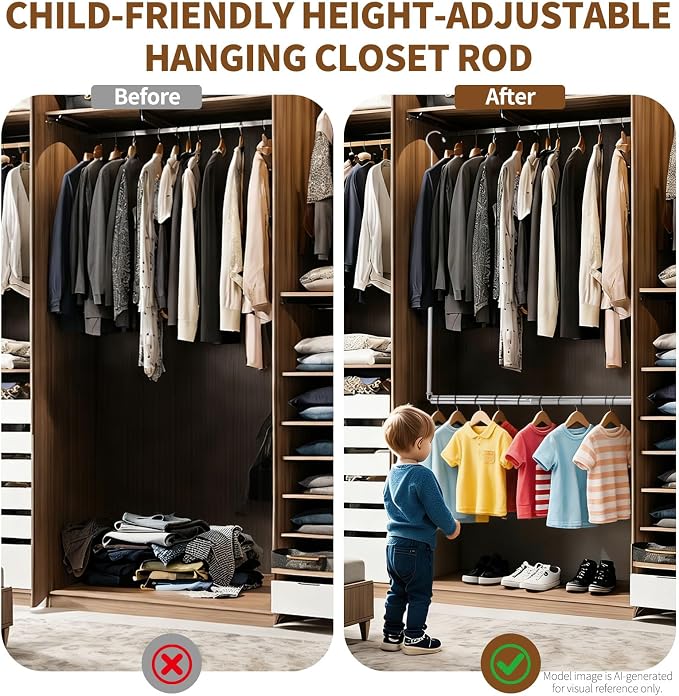 Foldable Hanging Closet Rod Adjustable Width and Height, Chrome | Space-Saving Clothes Hanging Bar，Heavy Duty Closet Hanging Organizer Closet Extender Hanging Rod Double Hanging Rod ,2 Pack