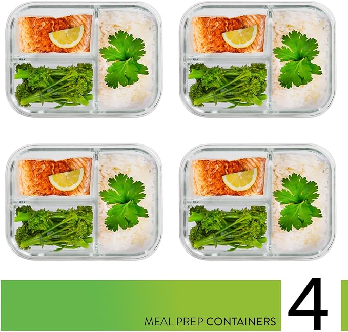 PrepNaturals 4 Pack 34 Oz Glass Meal Prep Containers - Dishwasher Microwave Freezer Oven Safe - Glass Storage Containers with Lids (Multi-Compartment) | Borosilicate Glass Meal Prep Containers - Airtight Leak-Resistant Lids, Microwave, Oven & Freezer S...