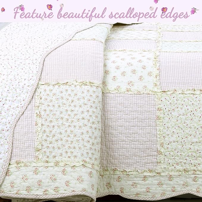 Cozy Line Home Fashions Floral Light Pink True Patchwork 100% Cotton Girl Quilt Bedding Set, Reversible Coverlet Bedspread (Sweet Peach, Twin - 2 Piece)