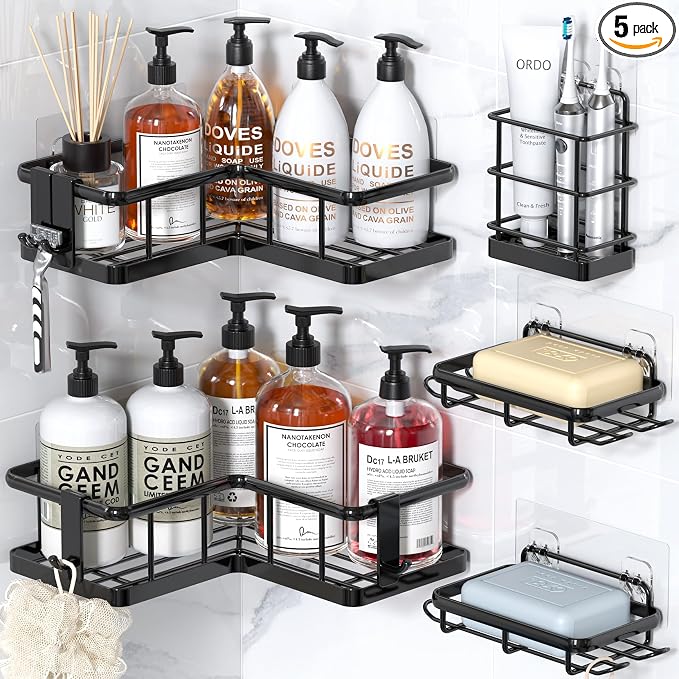 YASONIC Corner Shower Caddy Adhesive, 100% Rustproof Shower Organizer with Soap and Troothbrush Holder, No Drill Shower Shelf for Inside Shower, Wall-Mounted Shower Storage for Homes (5 Pack, Black)