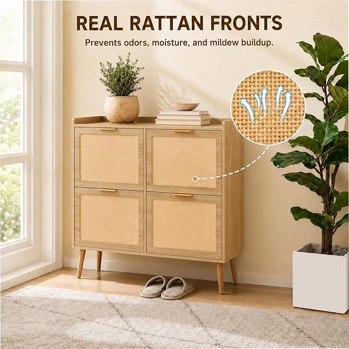 Shoe Storage Cabinet for Entryway, Slim Freestanding Rattan Shoe Cabinet with 3 Flip Drawers, Hidden Shoe Organizer Cabinet, Narrow Shoe Rack , Farmhouse Design (4 Flip Drawer - Breathe Rattan)