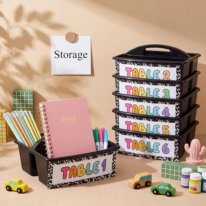 Hushee 6 Pcs Classroom Caddy Plastic Stackable Caddy Organizer with Handle 3 Compartment with 42 Label Portable Craft Basket Organization Storage for Desk Teacher Office School Supplies(Black)