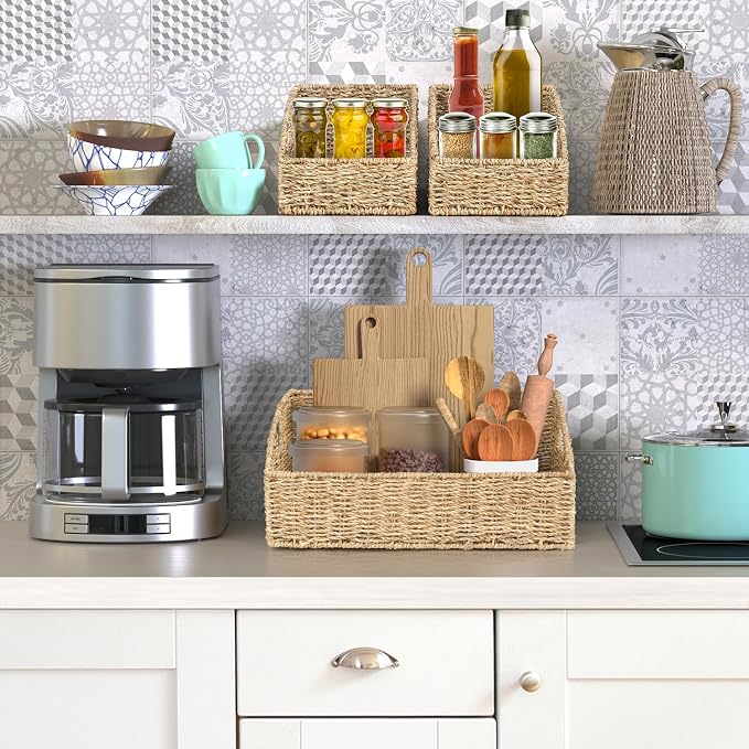 Set of 3 Handwoven Storage Baskets – Decorative Natural Wicker Organizer Bins with Built-in Handles for Bathroom, Kitchen, Pantry, Nursery, Closet, Laundry, Living Room, and Home Use
