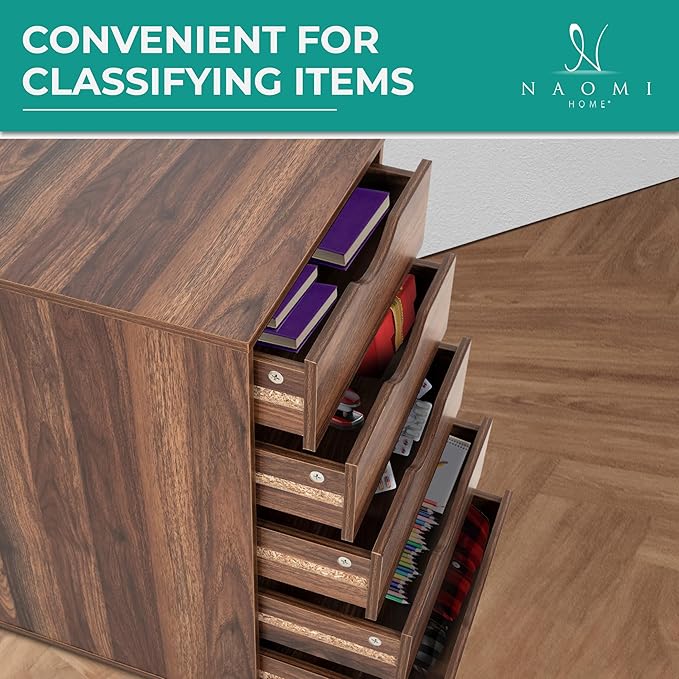 Naomi Home 5-Drawer Rolling Chest, Brown Oak, Smart Storage with Metal Slide Glides & Smooth Wheels, Compact Space-Saver, Easy Assembly, Durable Engineered Wood