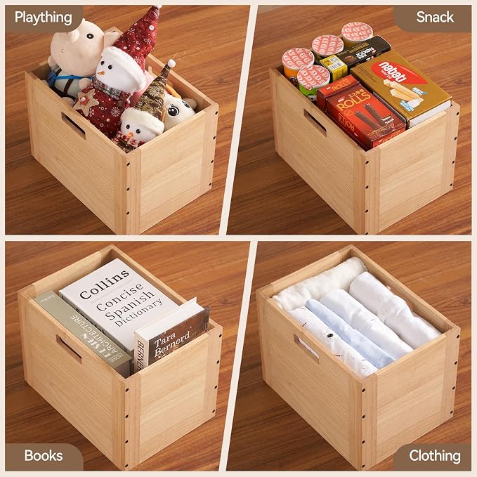 KIRIGEN Stackable Wood Storage Cube with Handles, Open Cubby Bin, Natural | Open-Front Wooden Crate Box for Books, Clothes, Shoes, Closet Storage, and Display for Home Office, Assembly Required