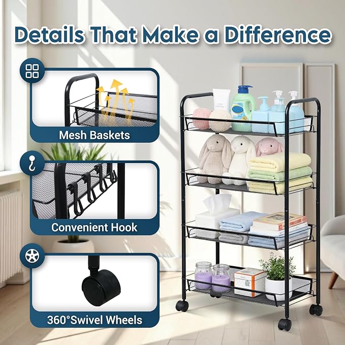 LOFTEY 4 Tier Rolling Cart, Small Metal Utility Cart with Wheels, Black | 10.2" Slim Width, Four Mesh Baskets, 15 lb Load Capacity per Basket, Tool-Free Assembly, Ideal for Bathroom & Snack Storage