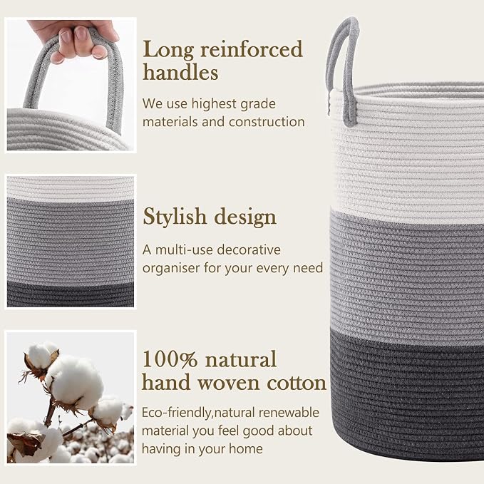 YOUDENOVA Woven Rope Laundry Hamper Basket, 58L Tall Luandry Basket, Baby Nursery Hamper for Blanket Storage, Clothes Hampers for Laundry in Bedroom