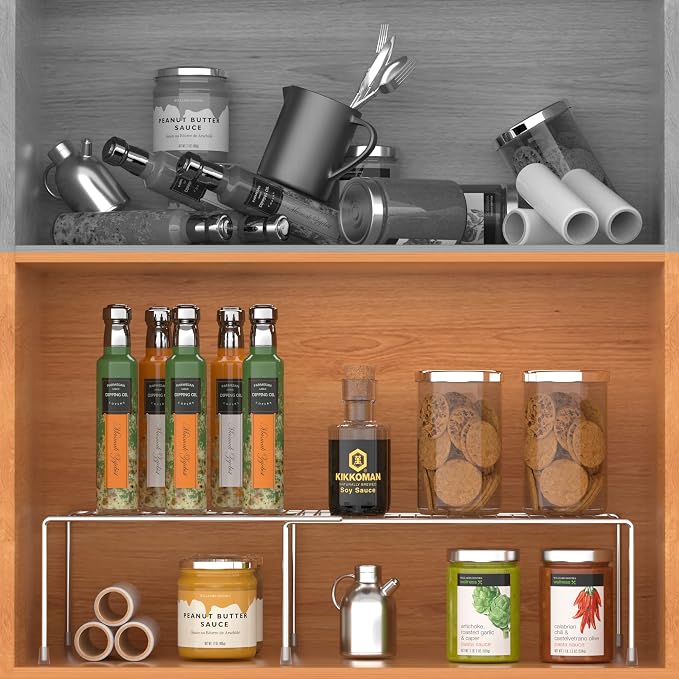 Redrubbit Cabinet Storage Shelf Rack, Expandable Metal Rustproof Kitchen Counter and Cabinet Shelf, Storage Rack Organizer Space Saver for Kitchen, Fridge, Cabinet, Bathroom, Chrome, Set of 4