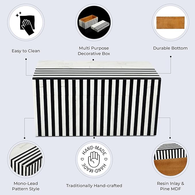 Handicrafts Home Large Decorative Storage Box with Lid – Black White Modern Storage Box, Remote Control Organizer for Coffee Table, Console & Living Room Decor – Mono Lead 12 x 6 x 2