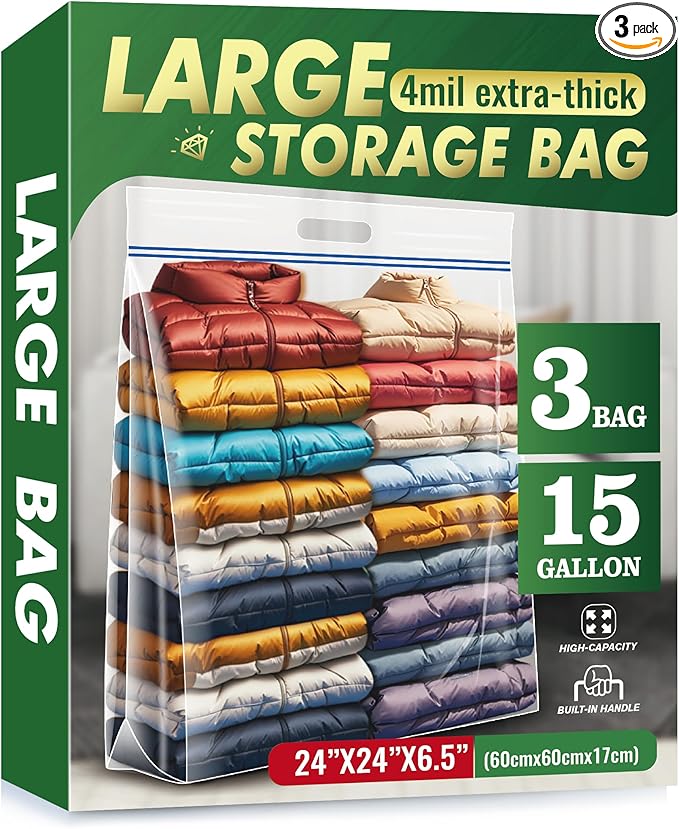15 Gallon Large Storage Bags, 24" x 24" Clear Plastic Zipper Bags with Handles, Extra Large XL Heavy Duty for Travel Home Moving, Pack of 3