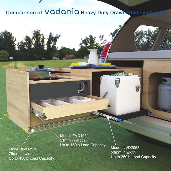 VADANIA #D51 24" Heavy Duty Locking Drawer Slide with Lock, 1-Pair | 150lb Load Capacity, 3-Fold Full Extension, Detachable, Ball Bearing Lock-in & Lock-Out, Side Mount