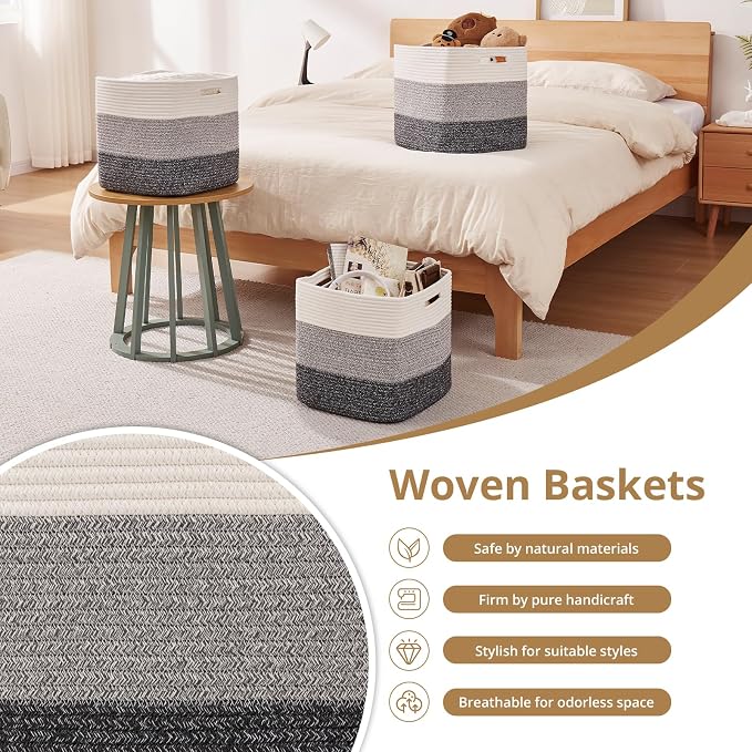 OIAHOMY 13 Inch Cube Storage Bins, 3-Pack Cotton Rope Woven Baskets for Organizing, Insert Storage Baskets for Shelves, Baby Nursery, Closet Organizer, 13 * 13 * 12.6IN, Gradient Gray