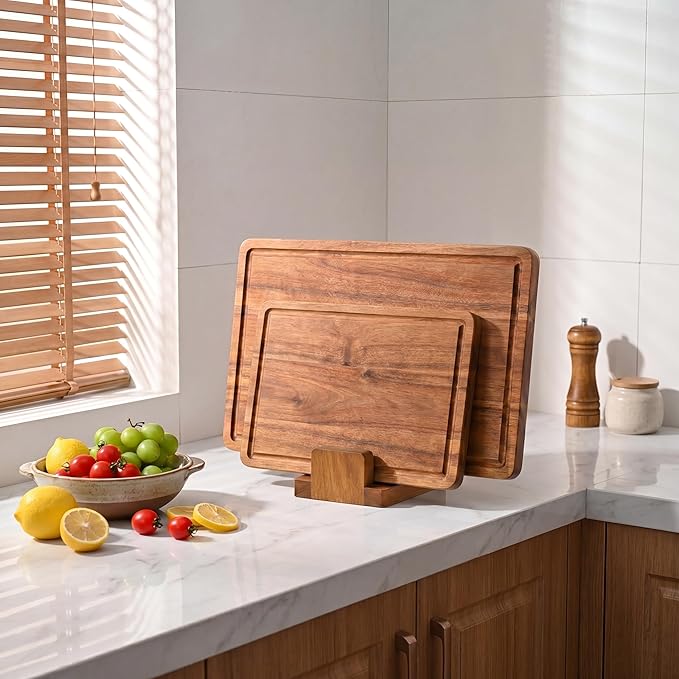 ZUJJAFY Cutting Board Holder, Acacia Wood Cutting Board Organizer for Cabinet, 3 Slot Chopping Board Stand for Countertop