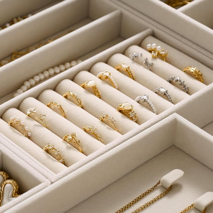 Velvet Jewelry Drawer Organizer Trays – Large Beige Stackable Jewelry Storage Inserts Set, 4-Layer Jewelry Tray Set for Earrings, Rings, Necklaces, Bracelets with Removable Dividers for Dresser,Vanity