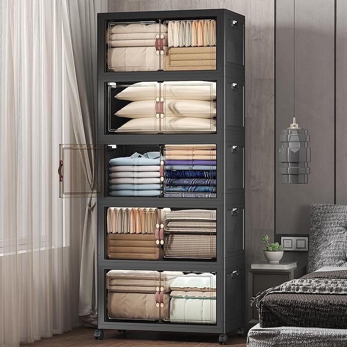 UAMFURI Extra Large Stackable Storage Bins with Lids & Wheels, Foldable Collapsible Closet Organizers Dark Storage Cabinet with Doors for Bedroom Dorm