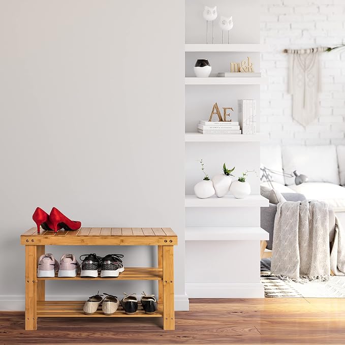 Purawood Bamboo 3 Tier Shoe Rack Bench, Premium Shoe Organizer or Entryway Bench, Perfect for Shoe Cubby, Entry Bench, Bathroom Bench, Entryway Organizer, Hallway or Living Room