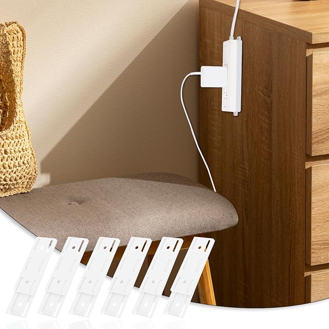 Giantree 6 Pack Self Adhesive Power Strip Holder, Power Strip Holder Desktop Mobile Punch Free Socket Holder, Desktop Socket Fixer for Kitchen Home Office and Cable Management(White)