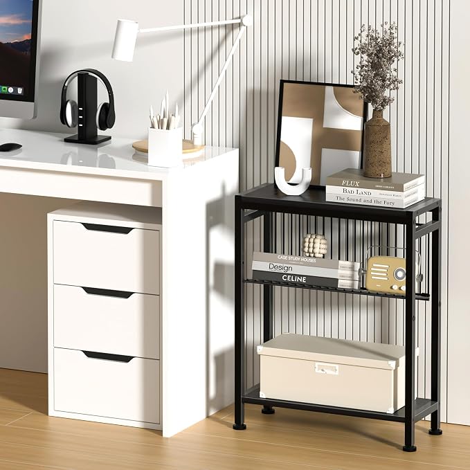 Side Table for Small Spaces, Set of 2 Narrow End Table with Magazine Holder, 2 in 1 Design Slim Side Table, Skinny Nightstand for Living Room Bedroom, Thin Side Magazine Table, Black