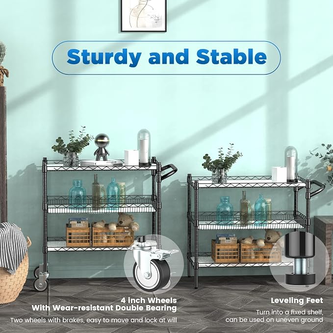 Leteuke 3 Tier Rolling Carts with Wheels, Heavy Duty Rolling Utility Cart | NSF Commercial Grade Metal Cart with Handle&Shelf Liner,Trolley Serving Cart for Kitchen,Restaurant,Plant Display,Black