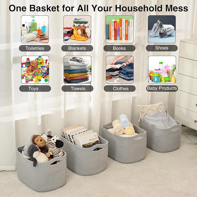 ICERZCZ Woven Cotton Rope Storage Baskets for Organizing & Shelves, Organization Bins for Dog Toys, Clothes, Books, Nursery Organizer, 15"x11"x9", Grey (4 Packs)