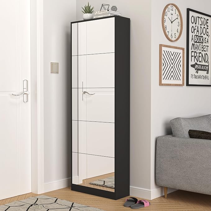 Mirrored Shoe Storage Cabinet with 5 Flip Drawers, 30 Pairs | Real Glass Mirror | Fits Men's Size 15 | Narrow Floor Standing | Entryway Organizer | Space-Saving | Black