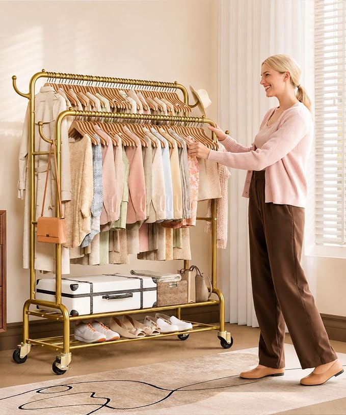 Homde Sturdy Garment Rack for Bedroom: 265 lbs Heavy Duty Clothes Organizer | 2 Hanging Rods Hold Coat to T-Shirt - Easy Roll & Park on Wheels - Metal Frame Stays Solid & Stable at Full Load