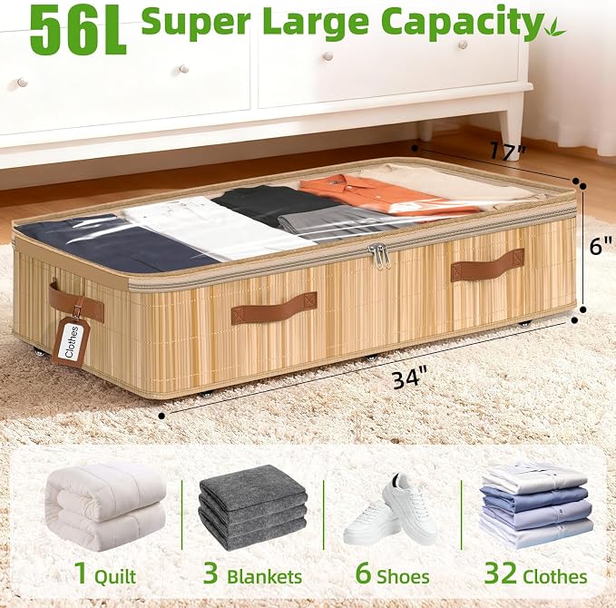 Livole 2 Pack Bamboo Under Bed Storage Containers with Wheels | Breathable Bamboo, Invisible Wheels, 6 inches Height, 56L Large Capacity, Easy Setup, Handles, Clear Lid