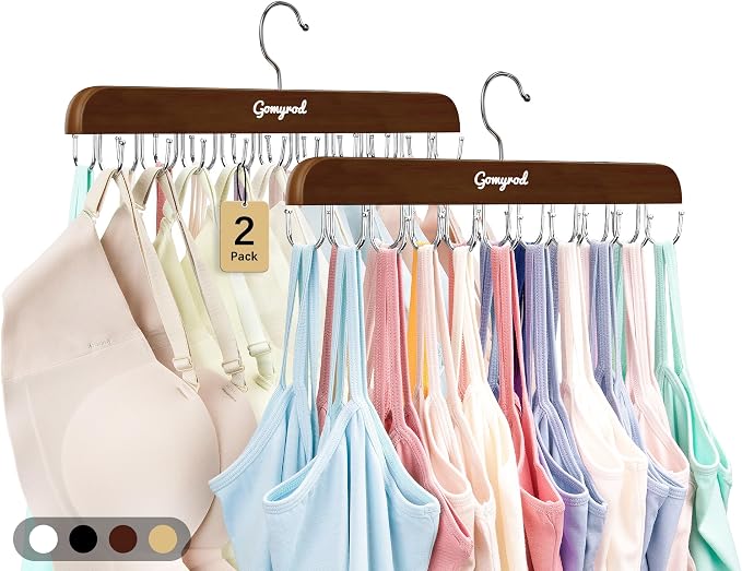 Gomyrod Tank Top Hanger, 2 Pack w/40 Hooks Bra Hanger for Closet Organizer | Premium Wood Space Saving Hanger, 360°Rotating Closet Organizers and Storage, Multi Hook Hanger for Dorm & Apartment, Brown