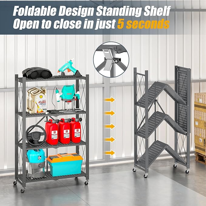 4 Tier Folding Storage Shelf with Wheels – Heavy Duty Metal Organizer Rack, No Assembly Utility Shelving Unit with Locking Casters for Garage, Kitchen, Pantry, Basement, Office (Gray-A, 4 Tier)