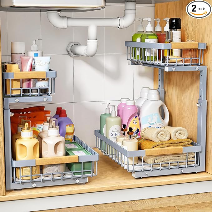 PXRACK Under Sink Organizer, Adjustable Height, 2 Tier Pull Out Under Cabinet Organizer, Slide Out Thickened Metal Under Sink Storage for Kitchen Bathroom Laundry Pantry Cabinet, Grey, Large-2-Pack