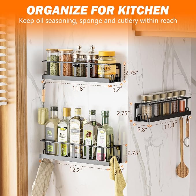 Bunoxea Spice Rack Wall Mounted 4 Pack,RV Spice Rack,Black | 16 Built-in Hooks,2 Versatile Sizes, Space-Saving,Flat Base, Screw or Adhesive, For Kitchen Cabinet, Pantry Door,Stove,RV