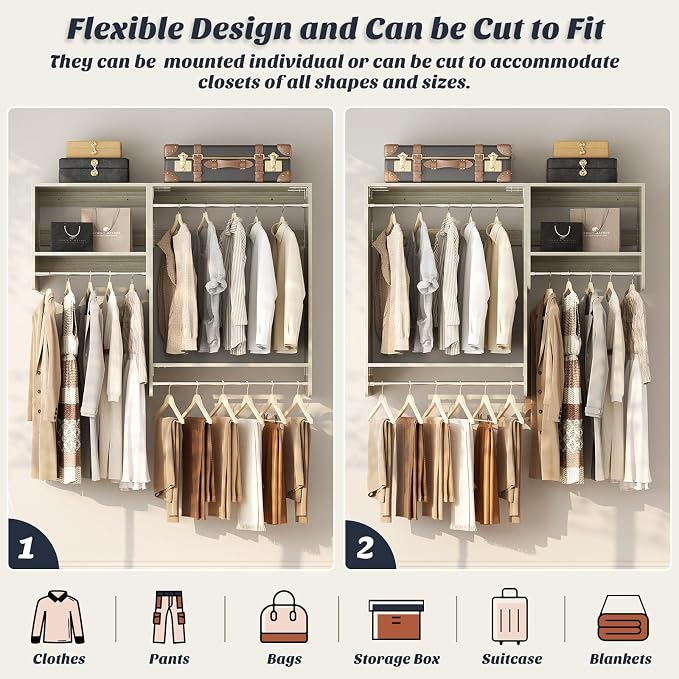 Unikito 36” - 60” Closet System, 5FT Walk in Closet Organizer Starter Kits with 3 Hanging Rod and 3 Shelves, Heavy Duty Reversible Wood Clothing Rack, Cut Be Cut to Fit, Max Load 800 LBS, White Oak