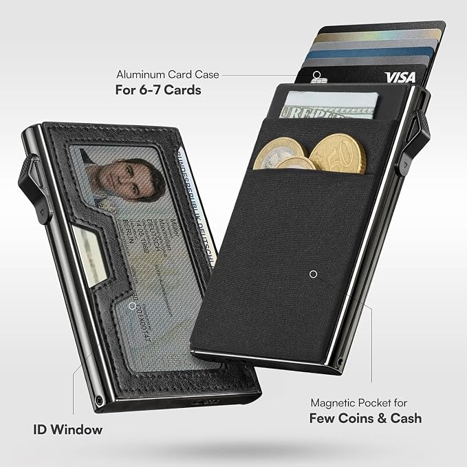 Bauhaus Slim Wallet for Men Pop-Up Card Holder | Ultra-Thin RFID NFC Blocking Automatic Ejector | Lycra Elastic Pocket Holds 7 Cards + ID + AirTag + Cash | Gift for Men Black and Gunmetal