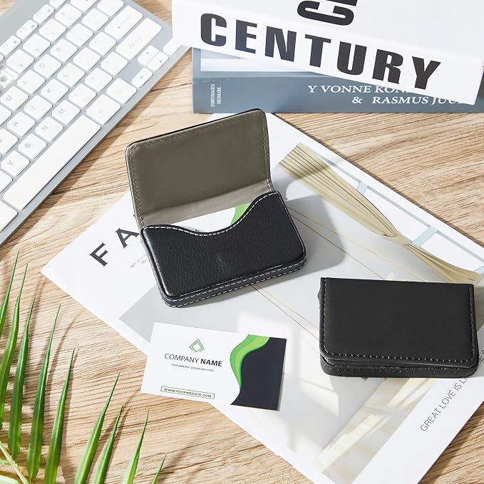 Outus 2 Pcs Business Card Holder, PU Leather Business Card Case Pocket Wallet with Magnetic Shut for Valentines Gift Adult(Black)