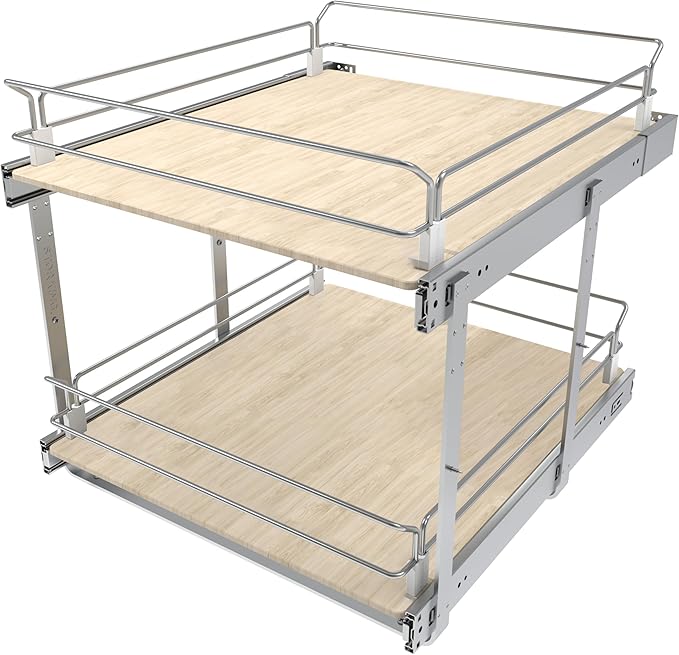 2 Tier Pull Out Cabinet Organizer 20.08" W X 22" D, Wood & Chrome | Full Slide Out Drawers For Kitchen Cabinets, Cabinets Capacity Heavy Duty Caddy, Cabinet Pullout Shelves , Pantry Storage