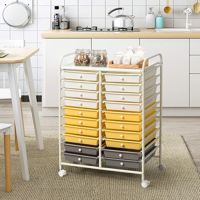 LDAILY 20-Drawer Rolling Storage Cart, Rolling Storage Cart, Storage Organizer on Wheels, Metal Frame, Scrapbook Paper Tools, Suitable for Office School, Classroom (Yellow, 20 Drawer)