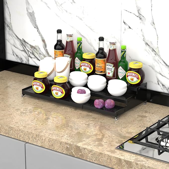 Jojocross Metal Spice Rack Organizer for Cabinet, 3 Tier Expandable Spice Storage shelf, Great for Kitchen Cabinets, Cupboard,Pantry and Countertop More,Metal plate with hole(2PACKS/BLACK)