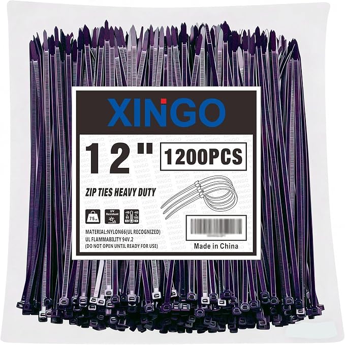 XINGO 12 Inch Purple Zip Ties 1200 PCS, 75 LBS Ultra Strong Tensile Strength, UV Resistant Cable Ties, Self-locking Plastic Ties for Indoor and Outdoor Use