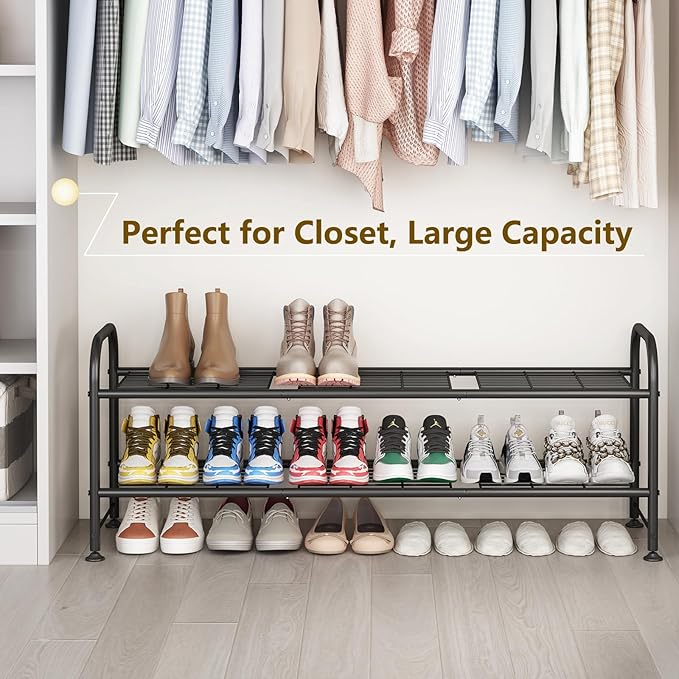 LINZINAR 2 Tier Long Shoe Rack for Closet Metal Shoe Organizer for Entryway | Spacious design stores 15+ pairs of shoes,durable metal frame,space-saving organizer for closet, hallway, and Entryway Black