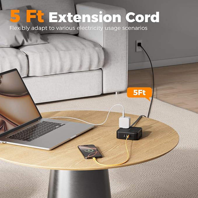 TESSAN Surge Protector Power Strip, 5 Ft Flat Plug Extension Cord with 3 USB (1 USB C) 8 Outlets, 900J Protection, 3 Sided Outlet Extender with Power Switch for Office, Dorm Room, Black