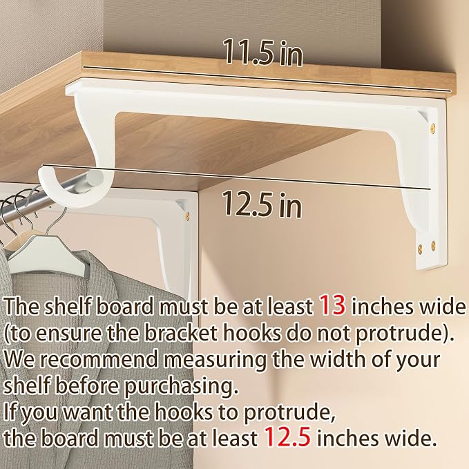 Heavy Duty Closet Rod Support Brackets 12 x 5.6In 400lbs Capacity | White 4 Pack Wall Mounted Closet Shelf Brackets with Rod Holder for Wardrobes and Walk-in Wardrobes