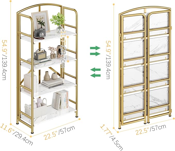 No Assembly,Gold Folding Bookshelf 4 Tiers, Vintage Storage Rack,White&Gold | Bookcase Vintage Multifunctional Plant Flower Stand, Storage Shelves Organizer for Home Office,Living Room,Dorm