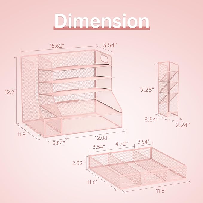 SUPEASY Desk Organizer with File Holder, 5-Tier Mesh Paper Organizer Letter Tray with Pen Holder and Drawer, Desk Organizers and Accessories with 3 Tilted File Sorter for Office Supplies, Pink
