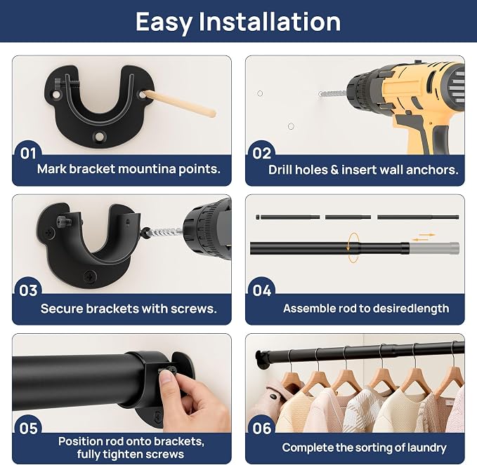 ENJOYBASICS Closet Rods for Hanging Clothes, 17 to 53 Inches Stepless Adjustable Closet Pole, 1.3 Inches Heavy Duty Clothes Rod for Wardrobes, Bathroom, Laundry and Windows, Black
