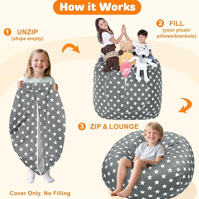 Lukeight Stuffed Animals Storage Bean Bag Chair Cover Only (Ships Empty, No Filling) - Velvet YKK Zipper Beanbag Cover for Kids and Big kids, Washable Plush Toy Organizer, X-Large 30" D x 18" H