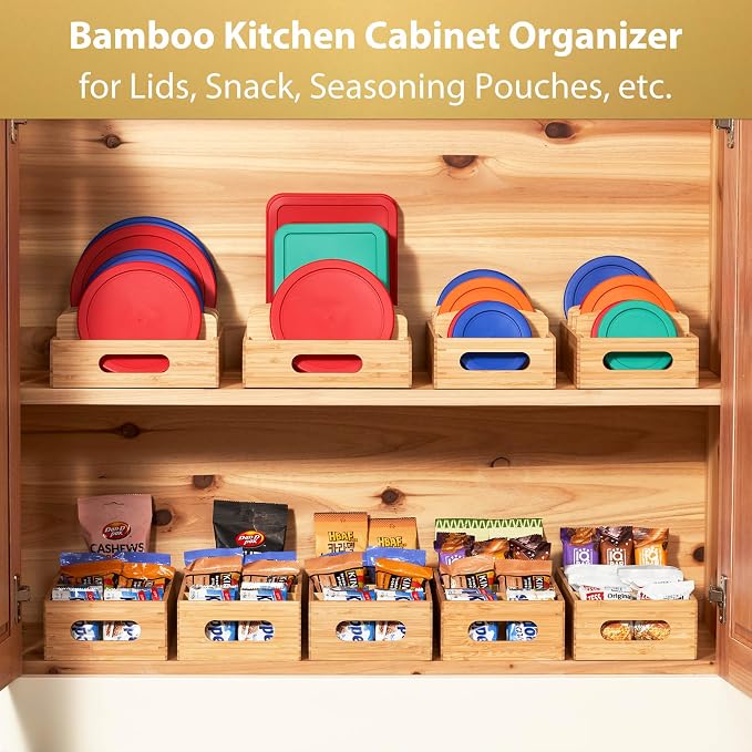 Umilife Bamboo Food Container Lid Organizer for Kitchen Cabinet and Drawer | Adjustable Slots - Premium Bamboo, Pretty Color - Sturdy Versatile Caddy for Snack, Spice - Anti-Skid Silicone Pads