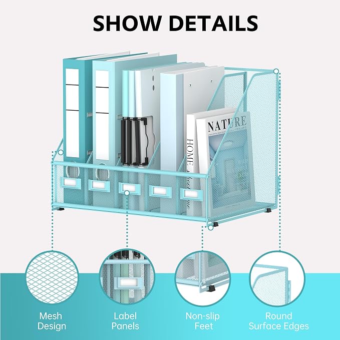 5 Vertical Compartments Magazine File Holder, Metal Binder Organizer, Blue | Space-Saving Desktop Storage, Built-In Label Holders, Anti-Slip Feet, Sized for Binders, Folders, Magazines and Files