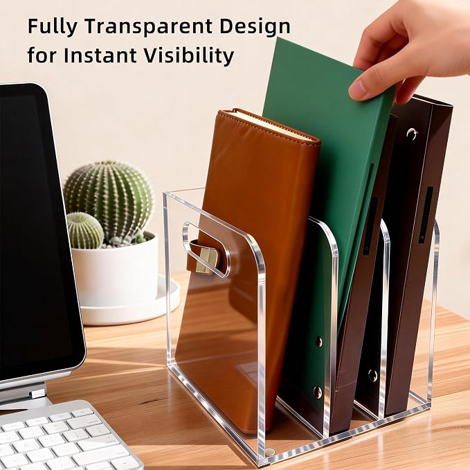 Clear Acrylic Magazine File Holder, 3 Compartment Desk Organizer | 3 spacious vertical compartments hold magazines, files, books & more. Clear acrylic, non-slip base. No assembly, portable.
